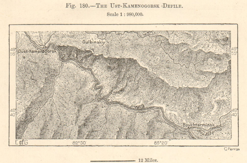 River Irtysh. Ust-Kamenogorsk - Bukhtarma, Kazakhstan. Sketch map 1885 old
